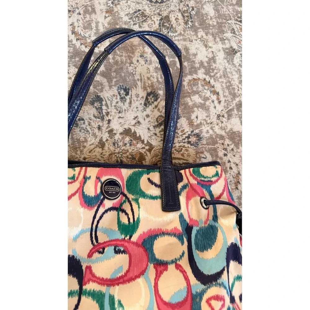 Coach Poppy Graffiti Print Tote Shoulder Bag Navy‎ Blue Leather Trim